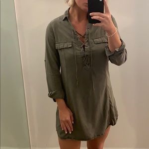 Army green lace up dress long sleeve karlie